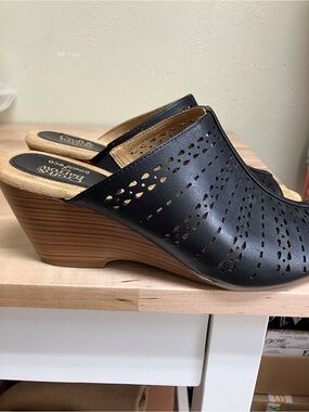 croft & barrow Black Perforated Open-Toe Slide Mules with Tan Footbed